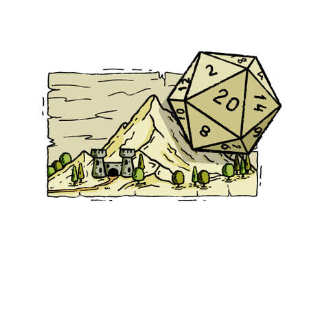 Tabletop RPG game with 20d dice. Castle fort with tower. Natural landscape engraving. Board adventure game.のイラスト素材