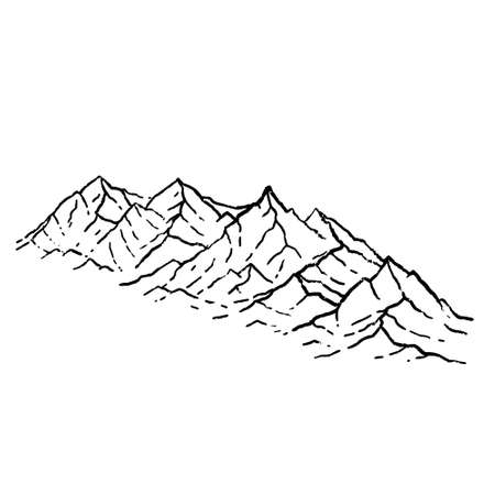 Mountains in engraving style. Nature landscape of highlands. Rocky ridge. Hand drawn designのイラスト素材