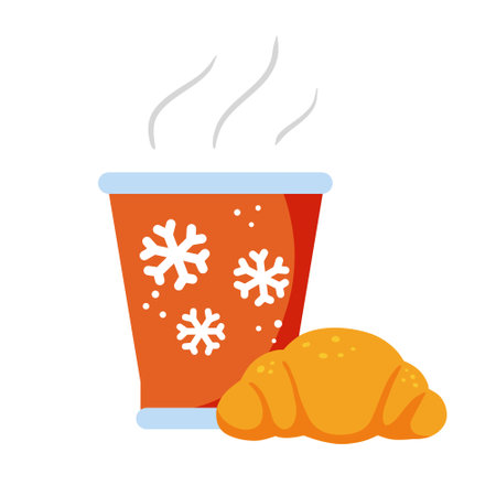 Hot coffee with croissant. Winter red glass with drink and pastries. Steam over cup with Christmas pattern and snowflakes. Flat cartoonのイラスト素材