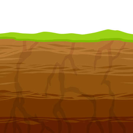 Land in the section. Underground background. Geological layer. Archaeological scenery. Brown ground. Dirt clay and green grass. Vector cartoonのイラスト素材