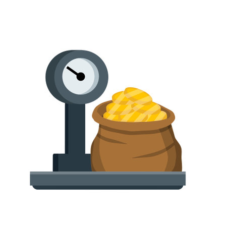 Bag of gold on scale. Weighing wealth and money. Coins in a canvas sack. Concept of income and banking operations. Flat cartoon illustrationのイラスト素材