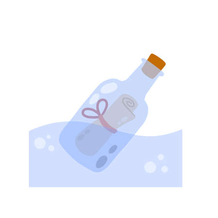 Message in bottle floats in sea. Letter and pirate note in blue water. Blue glass. Cartoon illustration isolated on whiteのイラスト素材