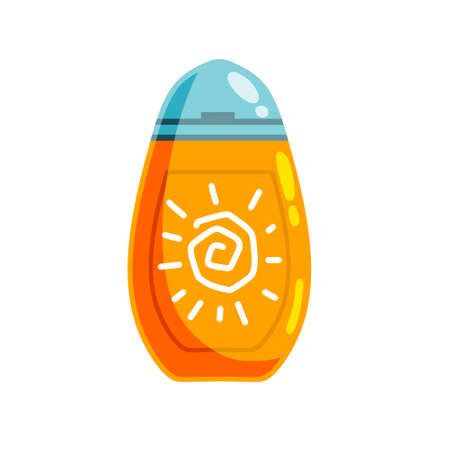 Sunscreen in bottle. Sun cream. Cosmetics for tanning. Protection from the sun. Flat cartoon illustrationのイラスト素材