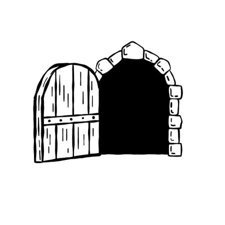 Old wooden door of castle. Ancient entrance to fortress or house. Cartoon scenery. Gate to dungeon. Door with arch and doorway. Hand drawn outline illustrationのイラスト素材