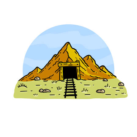 Mine in mountains. Entrance to old tunnel. Mining of gold and minerals. Outline cartoon illustrationのイラスト素材
