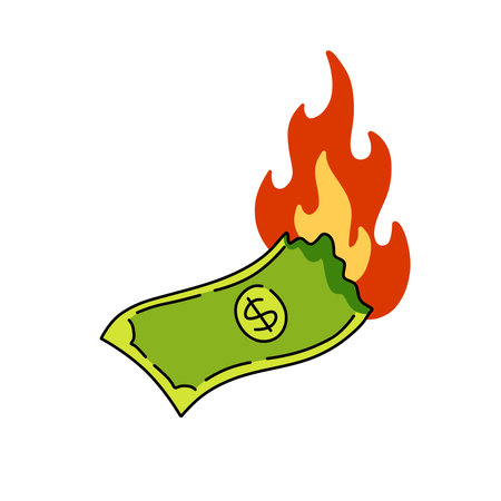Burning dollar. Green money on fire. Failed business and economic crisis. Loss and inflation. Cartoon illustrationのイラスト素材