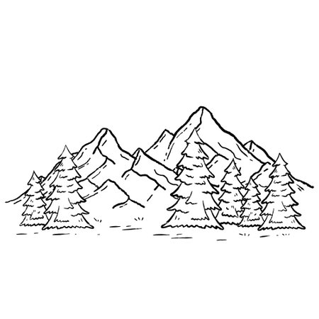 Mountain landscape in engraving style. Trees and forest. Natural scene. Winter season. Outline cartoonのイラスト素材