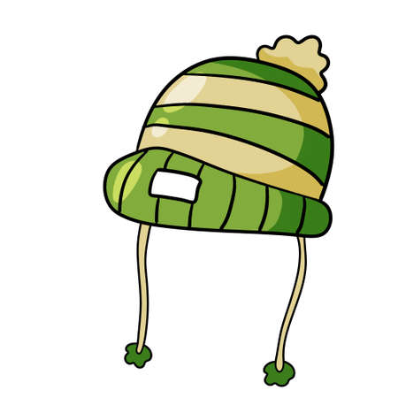 Children hat with ties and pompom. Striped hat. Funny outline cartoonのイラスト素材