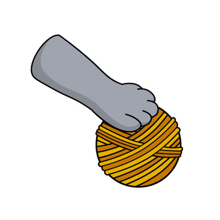 Cat paw hold skein of woolen threads. Hand caught ball. Cartoon illustration. Playful pet. Activity and fun of animalのイラスト素材