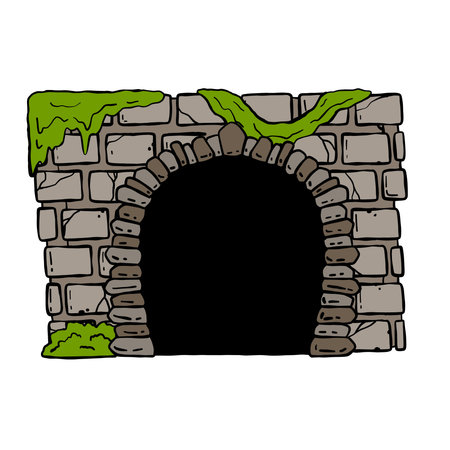 Door of castle. Entrance to fairy tale fortress or stone medieval old wall. Wooden open doorway. Cartoon hand drawn illustrationのイラスト素材