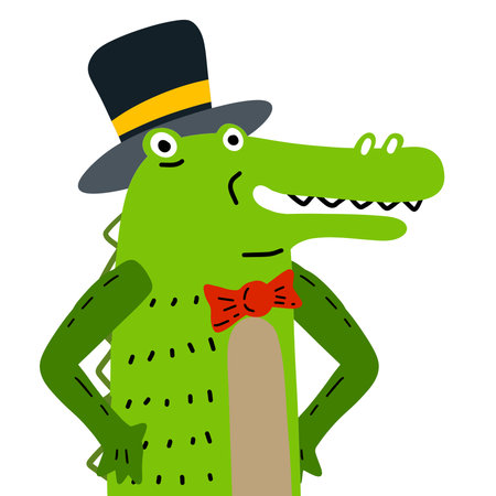 Cute Crocodile Character Walking with Cane and Top Hat Vector Illustrationのイラスト素材