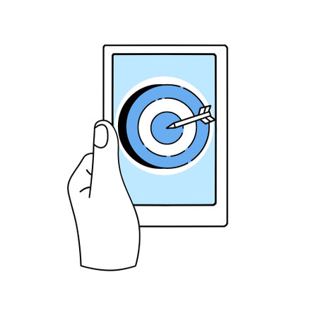Target with purpose and dart in tablet. Aim shooting and purposefulness. Gadget in hand. Outline cartoon illustration.のイラスト素材