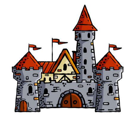 Medieval castle. Stone knight or royal fortress with tower. Military old fort. Sketch outline cartoon townのイラスト素材