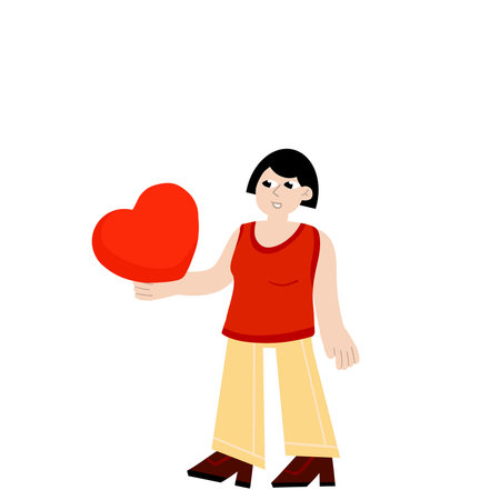Woman stand with heart. Young female character. Romance and love. Girl with a cute gift. Flat...
