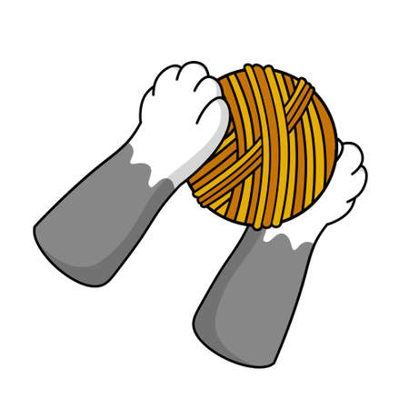 Cat paw hold skein of woolen threads. Hand caught ball. Cartoon illustration. Playful pet. Activity and fun of animalのイラスト素材