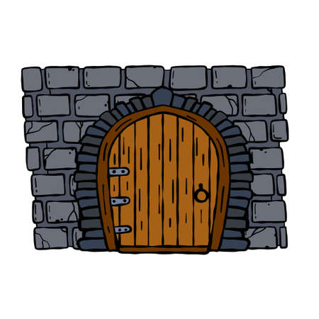 Door of castle. Entrance to fairy tale fortress or stone medieval old wall. Wooden closed doorway. Cartoon hand drawn illustrationのイラスト素材