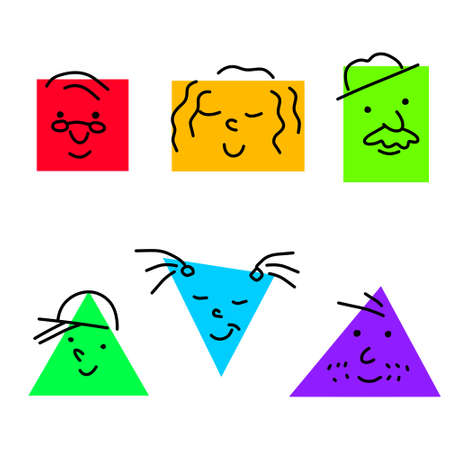 Set of Various bright basic Geometric Figures with face emotions. Different man and woman. Hand drawn trendy Vector illustration for kids. Cute funny square and triangle characters.のイラスト素材
