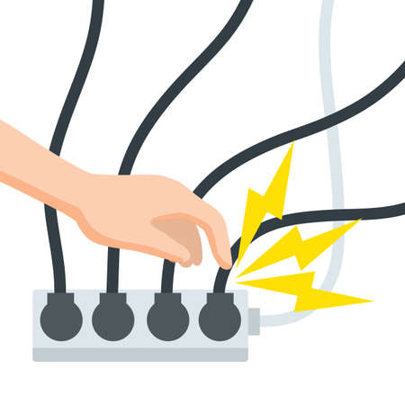 Electric shock and short circuit. Safety precautions. Hand touches broken socket. High voltage. Dangerous situation. Damaged Electrical wireのイラスト素材