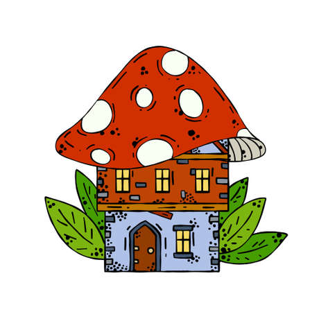Mushroom house. Fairy tale children drawing. Fabulous natural dwelling. Cute cartoon illustrationのイラスト素材