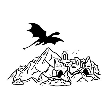 Magic tower in mountains. Medieval fortress or castle. Illustration for fairy tale and book. Outline cartoon designのイラスト素材