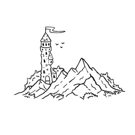 Magic tower in mountains. Medieval fortress or castle. Illustration for fairy tale and book. Outline cartoon designのイラスト素材