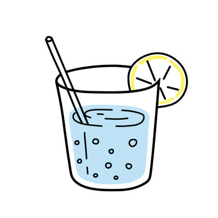 Blue cocktail in glass. Refreshing summer drink. Doodle outline cartoon. trendy modern illustrationのイラスト素材