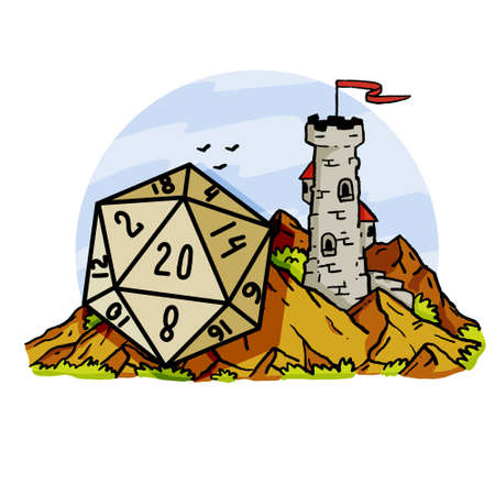 Tabletop RPG game with 20d dice. Castle fort with tower. fantasy adventure. mountain landscape.のイラスト素材