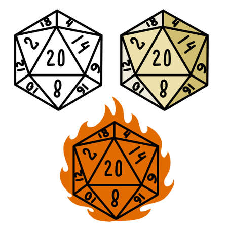 Cartoon dice for fantasy dnd and rpg Board game. Flaming d20のイラスト素材