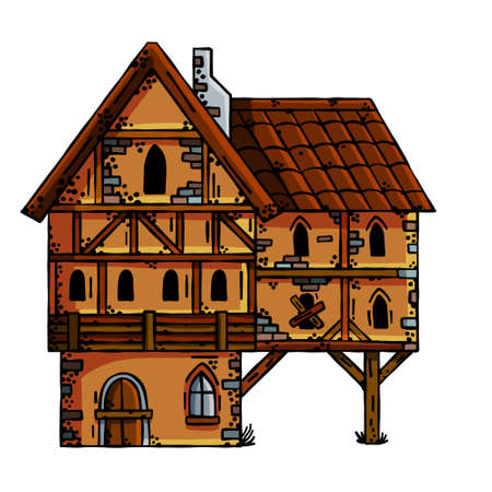 Medieval house. village building. Old house with chimney. cartoon retro illustrationのイラスト素材
