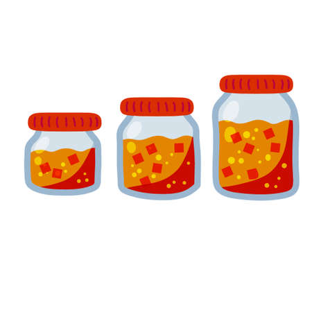 Cherry jam. Jar of red berries and fruit syrup. Glass kitchen utensils.のイラスト素材