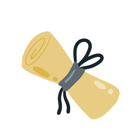 Scroll. Twisted piece of paper. Ancient manuscript or document on parchment. Flat cartoon illustration isolated on white background. Retro object with a bowのイラスト素材