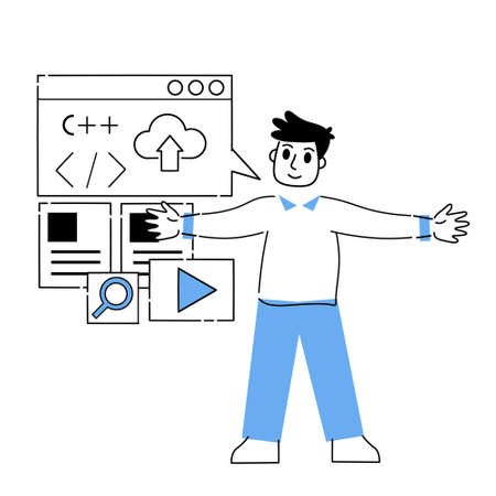 Programmer works with code and interface. Choosing Digital professionのイラスト素材