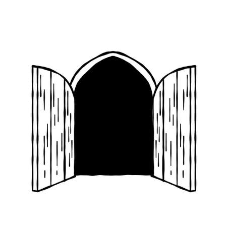 Old wooden door of the castle. Ancient entrance to fortress or house. cartoon scenery. Open Gate to dungeon. Door with arch and doorway. hand drawn outline illustrationのイラスト素材