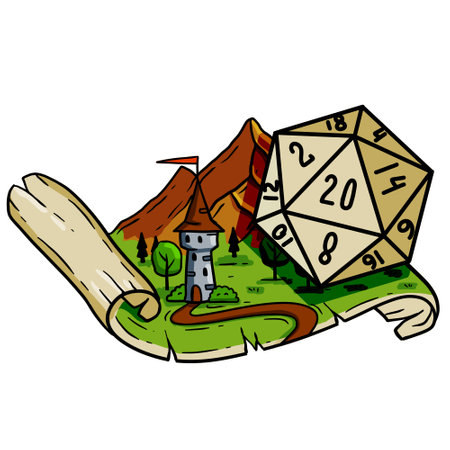 Tabletop RPG game with 20d dice. Castle fort with tower. fantasy adventure. mountain landscape.のイラスト素材