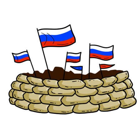 Barricades and sandbags. Military fortifications of Russia. national flag. flat cartoon illustrationのイラスト素材