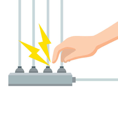 Electric shock and short circuit. safety precautions. Hand touches bare wire. Damaged electrical wire. Spark outlet. high voltage. Dangerous situationのイラスト素材