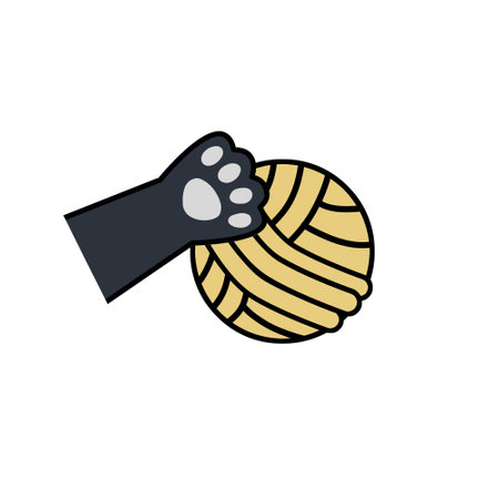 Cat paw and skein of woolen threads. playful pet. Activity and fun of animals. Hand caught ball. cartoon illustrationのイラスト素材