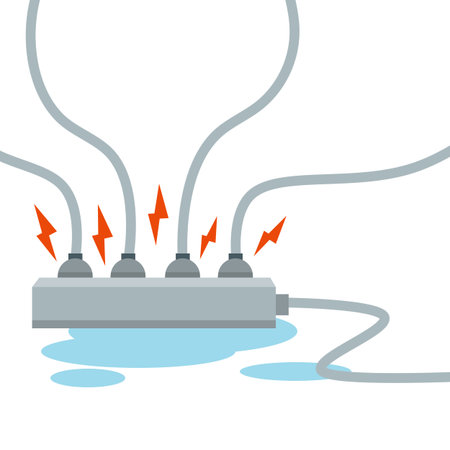 Wet cables and connectors. Water puddle and fire safety. home appliance. Yellow and red sparks of lightning. Danger socket. cartoon flat illustration. The problem with electricityのイラスト素材