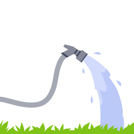 Hose. Jet of water. Grey tube. Green lawnのイラスト素材