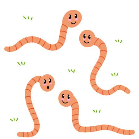 Cute cartoon smiling worm drawing. Set of Little pink earthworm isolated vector illustration.のイラスト素材