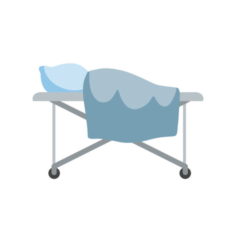 Medical bed on wheels. clinic furniture. Hospital bed or stretcher with pillow and blanket. Flat simple illustration isolated on whiteのイラスト素材