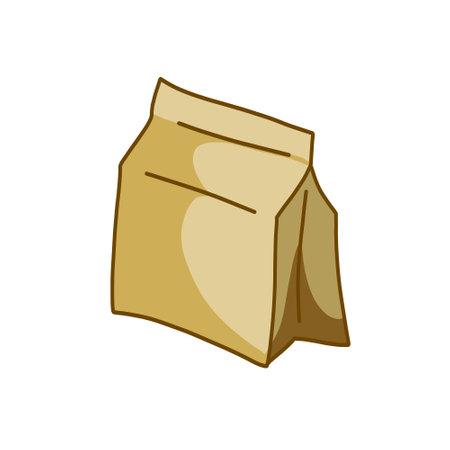 Grocery paper bag. Cartoon Brown food packaging in the store. flat outline illustrationのイラスト素材