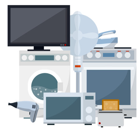 Set of home electrical appliances. TV, washing machine, toaster, Hairdryer, microwave, fan, iron. shopping in store. Selection of products. many objects.のイラスト素材