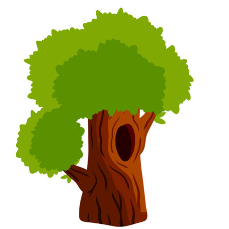 Tree with hollow. wood with hole. Brown bark of plant and green leaves. Nest of forest animal. Flat cartoon illustration isolated on whiteのイラスト素材