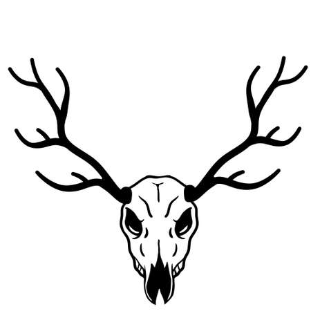 Skull of deer. Hunting trophy with horns. Antler of stag or reindeer. Scary black and white drawing for Halloween. cartoon illustration isolated on whiteのイラスト素材