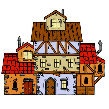 Medieval house. village building. Old house with chimney. cartoon retro illustration. Fairy tale European Small old townのイラスト素材