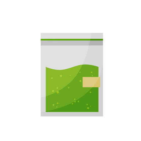 plastic bag with weed. Packaging with cannabis and marijuana. Green drug for smoking. flat cartoon illustrationのイラスト素材