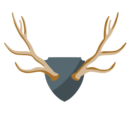 Horn of deer. Hunting trophy. wall decoration element. Part of the stag animal head. Medieval Brown shield. flat cartoon illustration. Old catch on wooden boardのイラスト素材