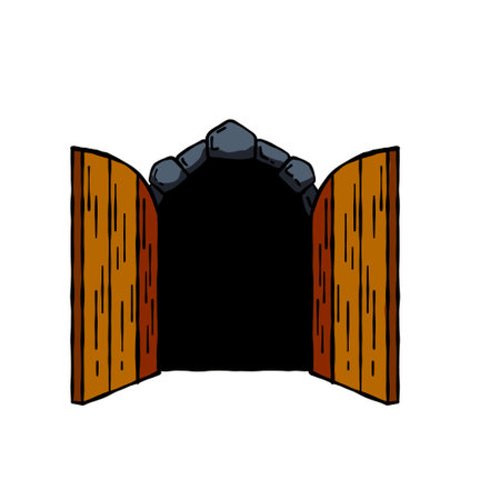 Old wooden door of the castle. Ancient entrance to fortress or house. cartoon scenery. Stone Gate to dungeon. Door with arch and doorway. hand drawn outline illustrationのイラスト素材