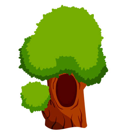 Tree with hollow. wood with hole. Brown bark of plant and green leaves. Nest of forest animal. Flat cartoon illustration isolated on whiteのイラスト素材